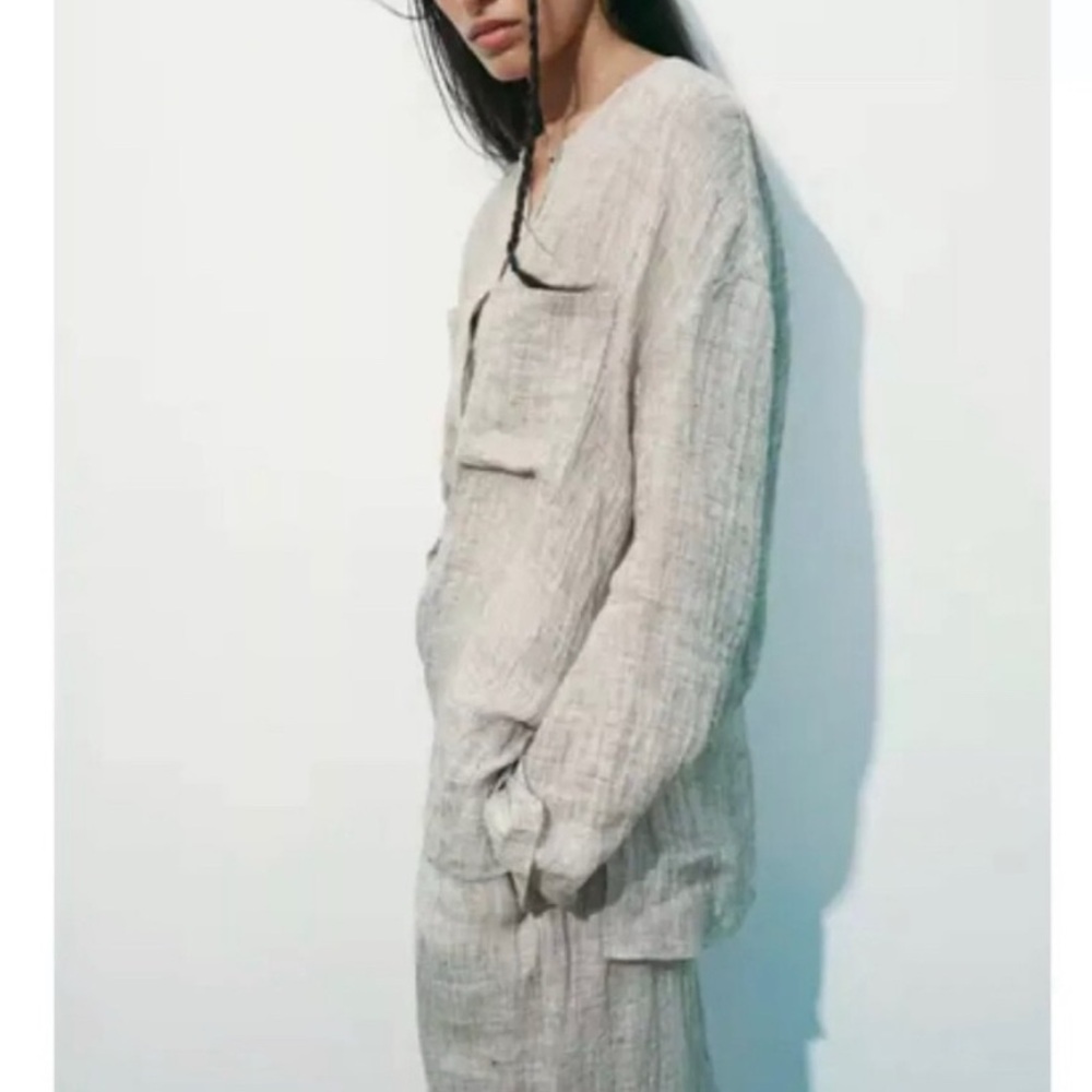 NOT FOR SALEZara Top 100% Linen Neutral Grey Loose Fitting Shirt (item #A22) - Picture 2 of 8
